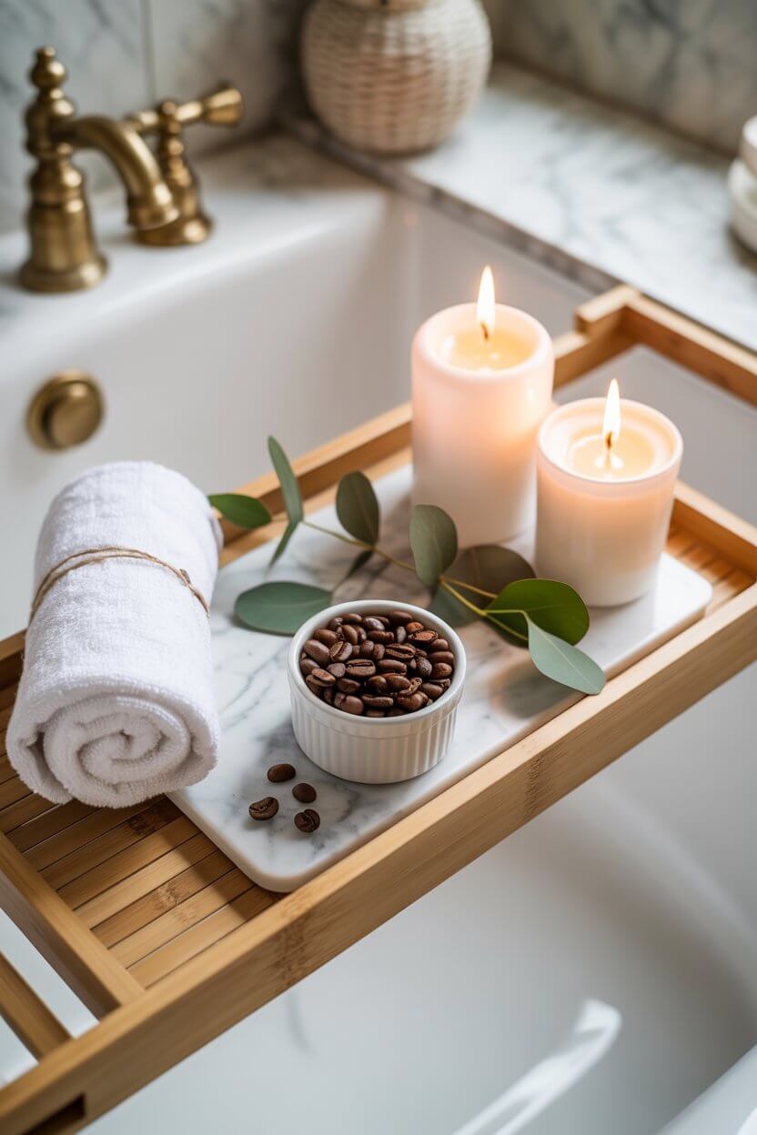 Bathroom Spa Tray with Coffee Beans and Candles