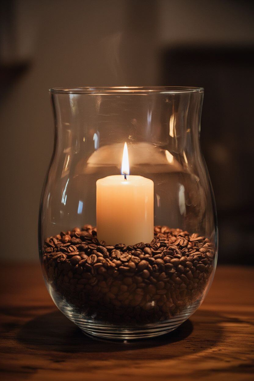 Coffee Bean-Lined Glass Hurricane Candle
