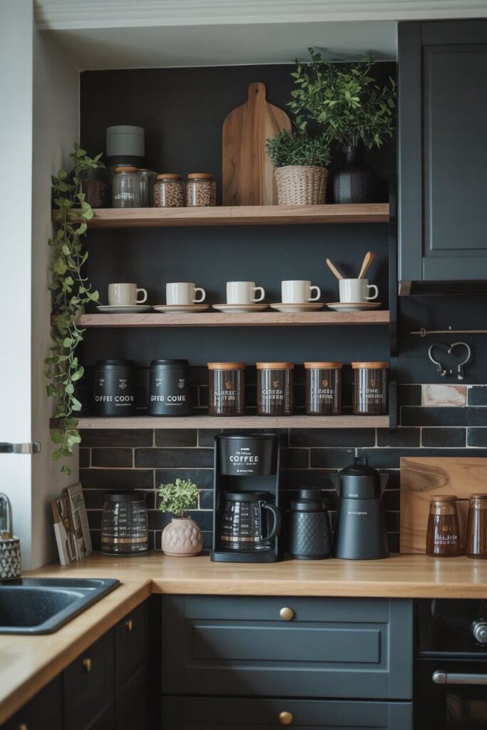 Coffee Corner on Open Kitchen Shelves