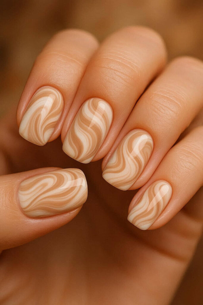 Glossy Latte Swirl Nails