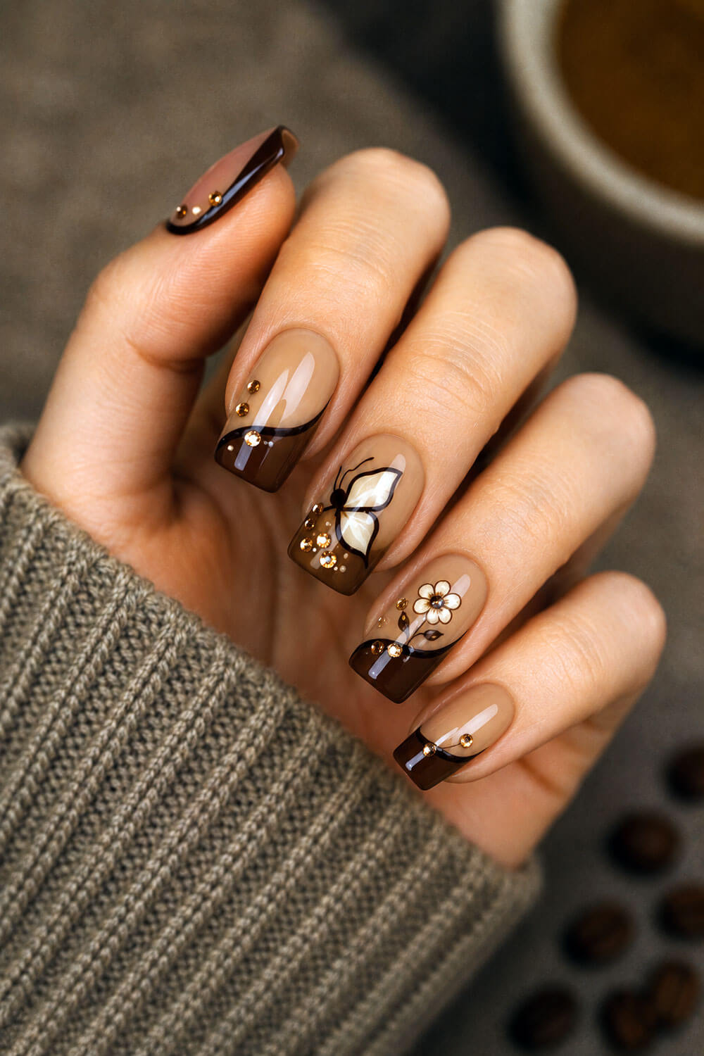 Coffee Butterfly and Crystal Nails