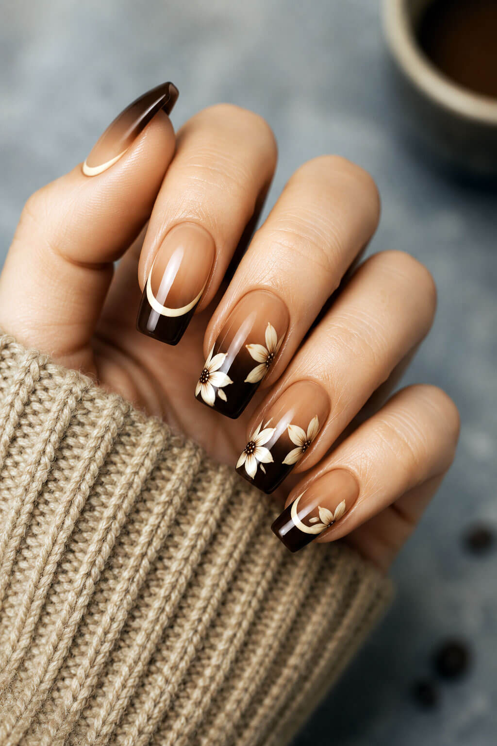 Coffee Crescent Floral Nails
