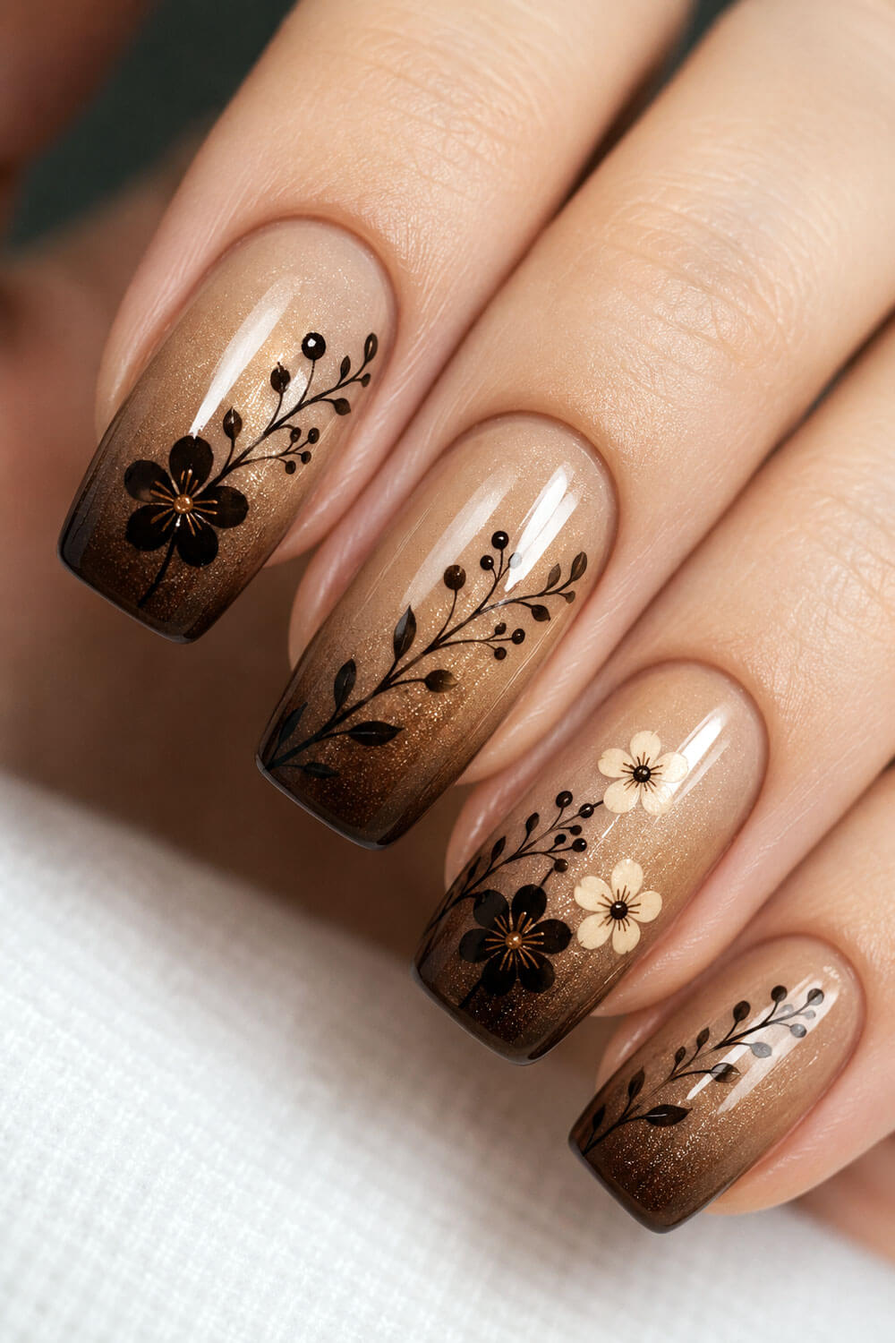 Espresso Ombre Nails with Botanical Art