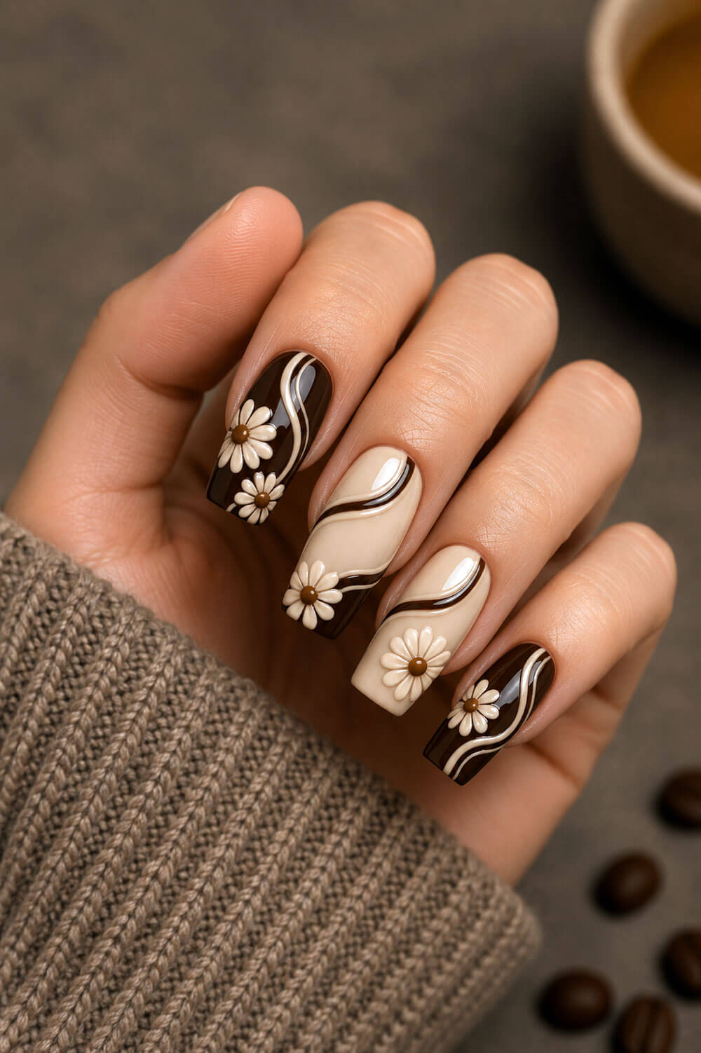 Latte Swirl Daisy Nails