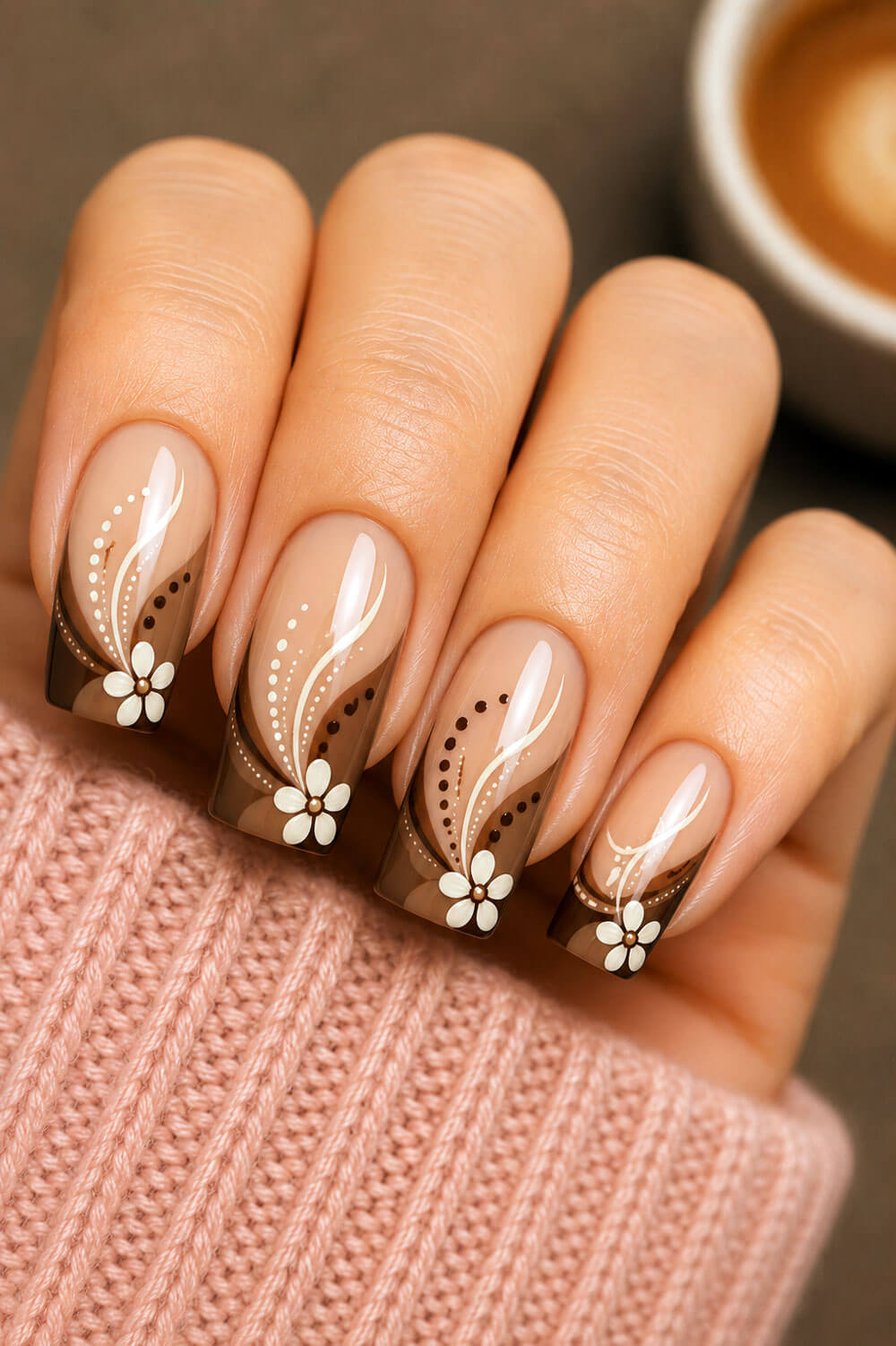 Mocha French Tips with White Floral Swirls