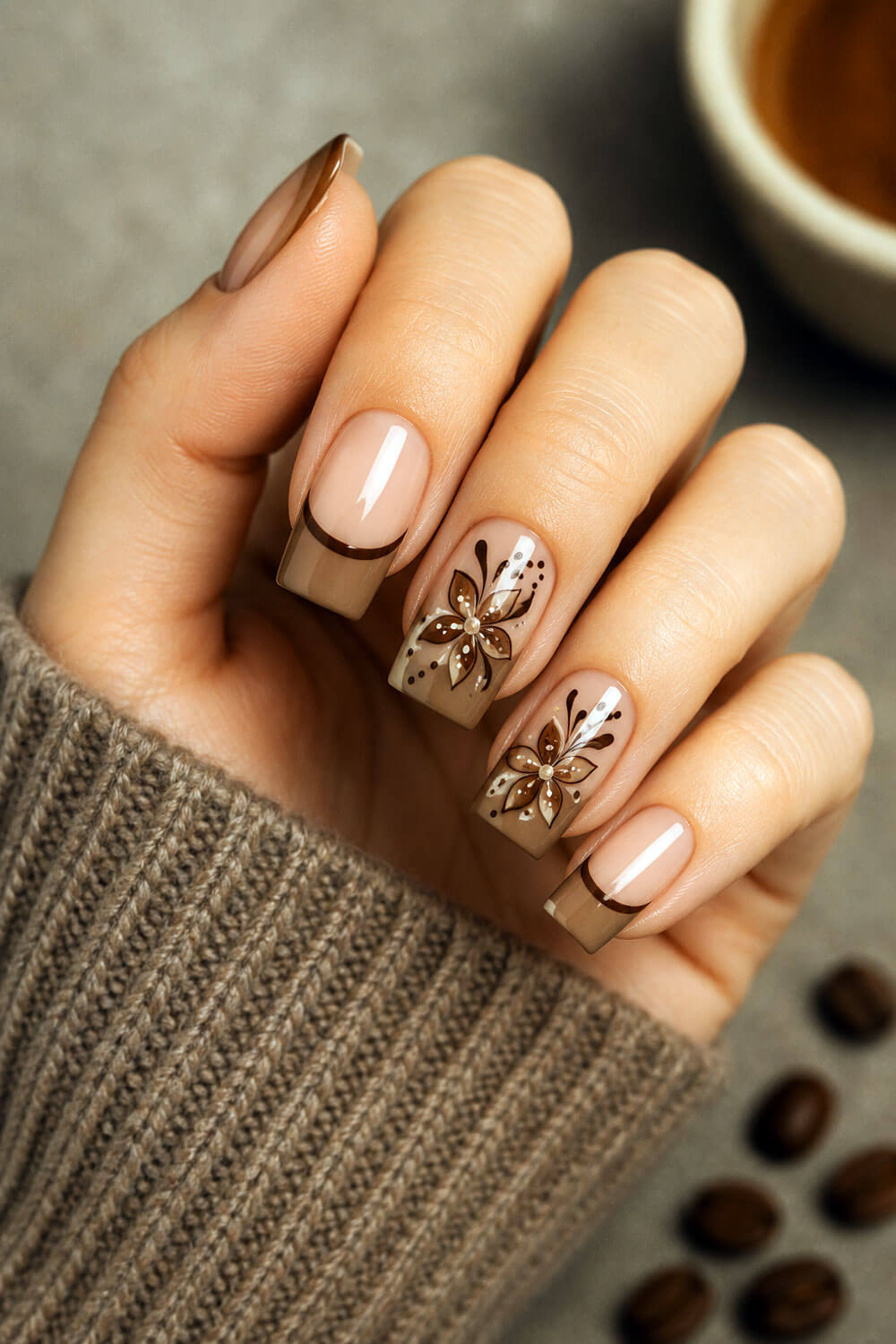 Soft Cappuccino Floral Accent Nails