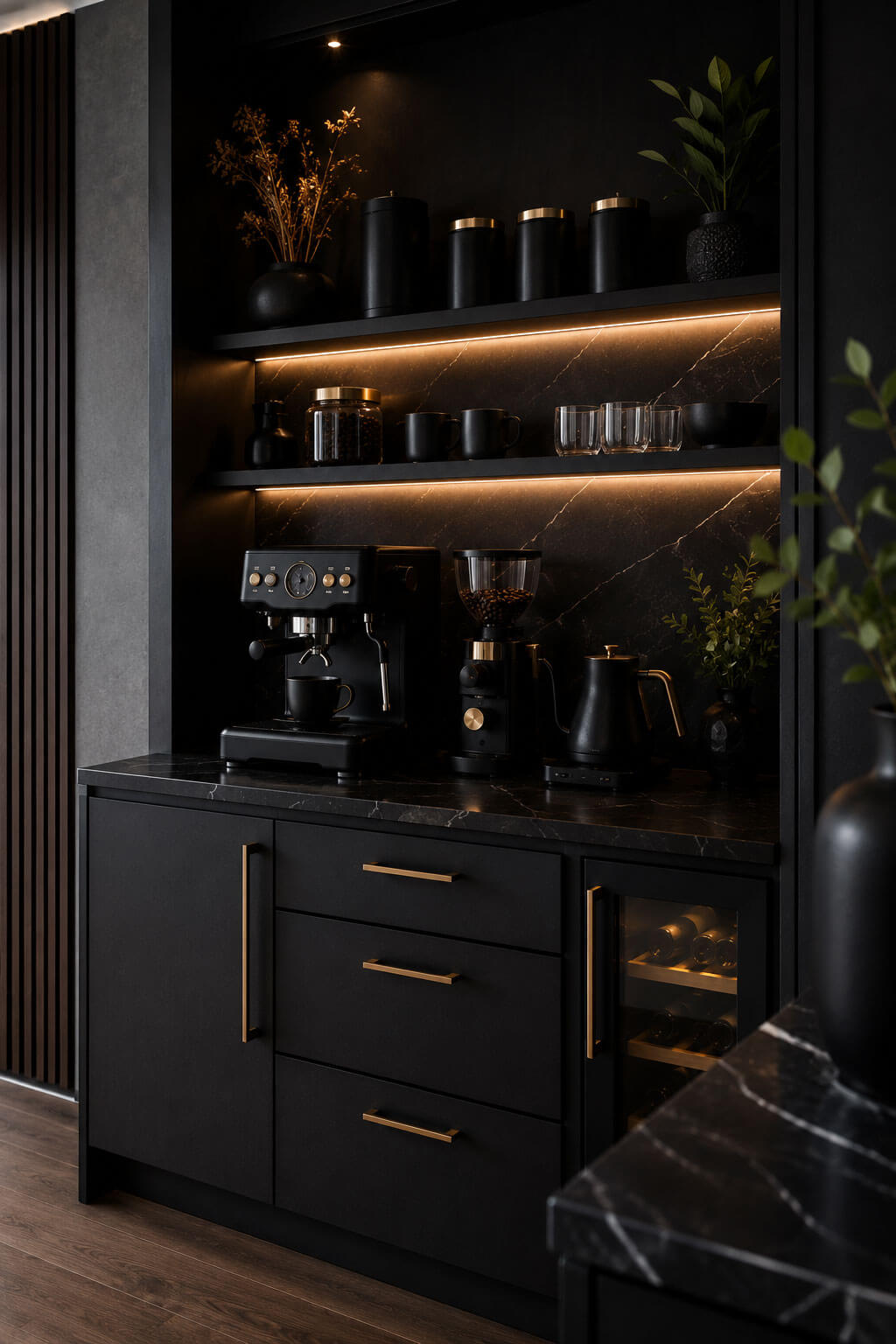 Black Luxury Coffee Corner with Open Shelves