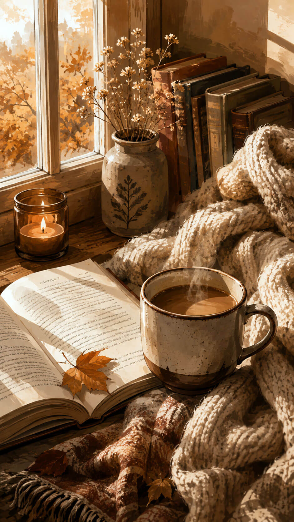 Cozy Reading Nook with Coffee Wallpaper