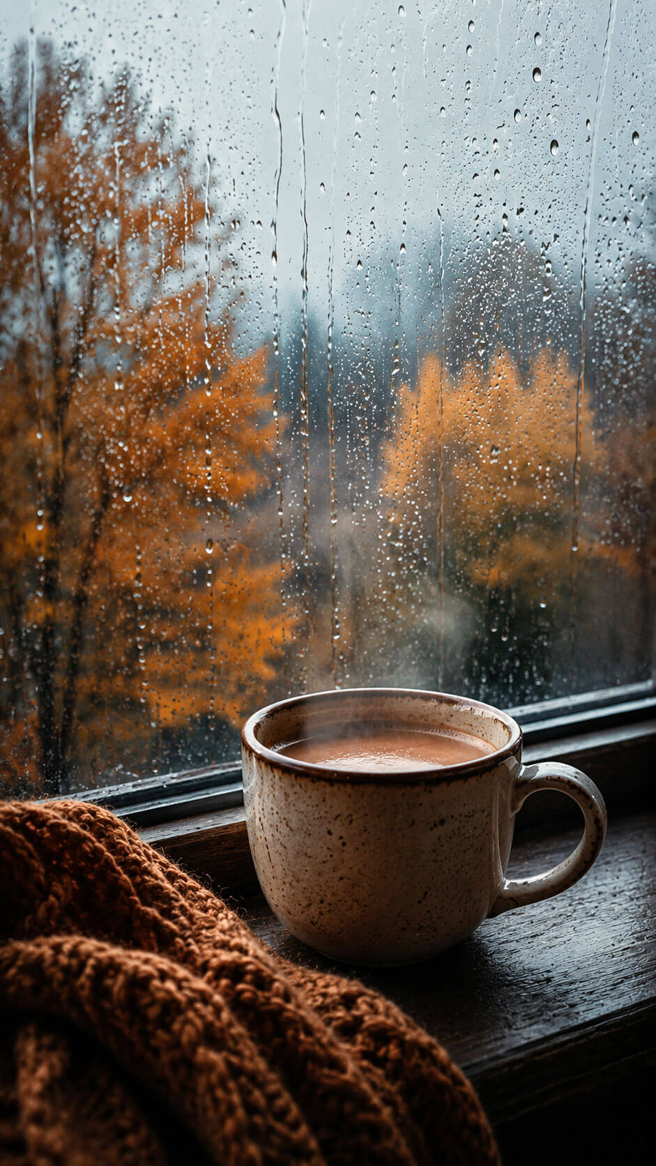 Rainy Window Coffee Scene Wallpaper