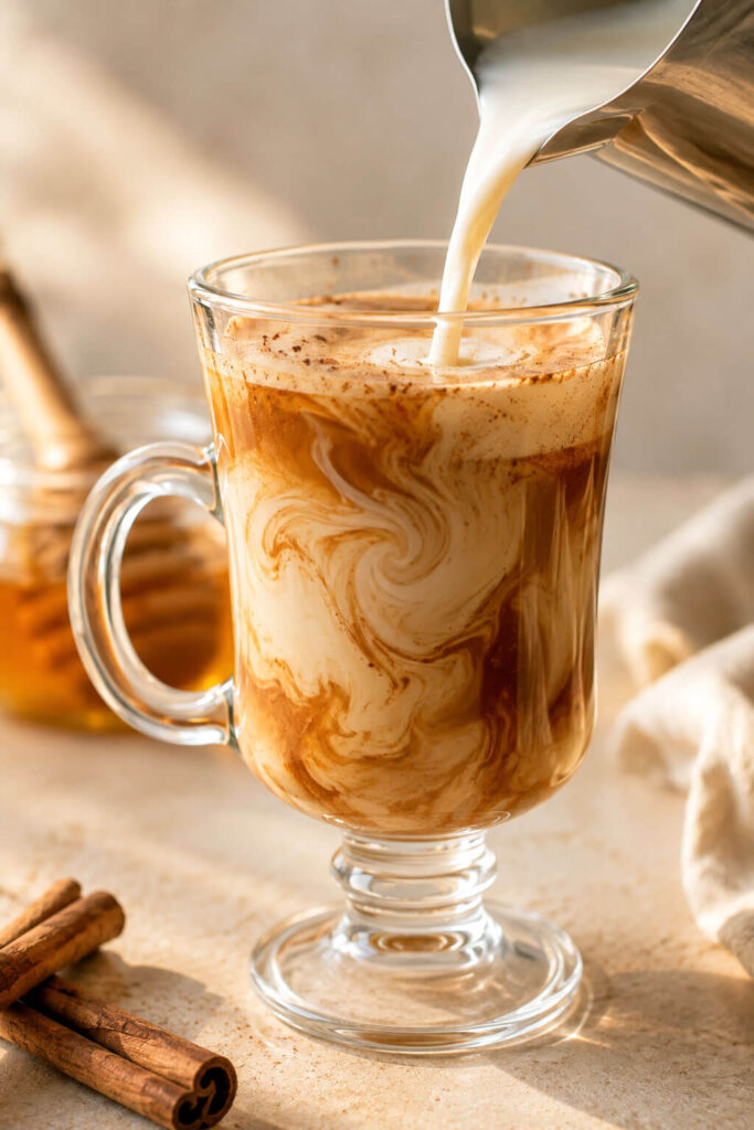 Milk Being Poured into an Espresso Mixed with Honey and Cinnamon