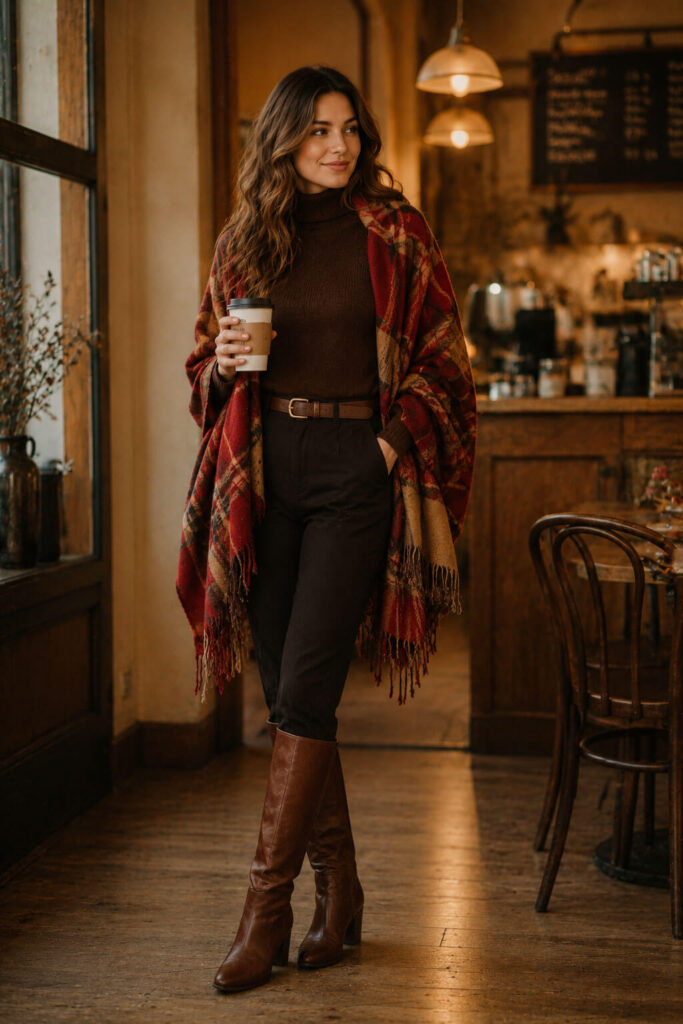 Turtleneck and Plaid Scarf Combo