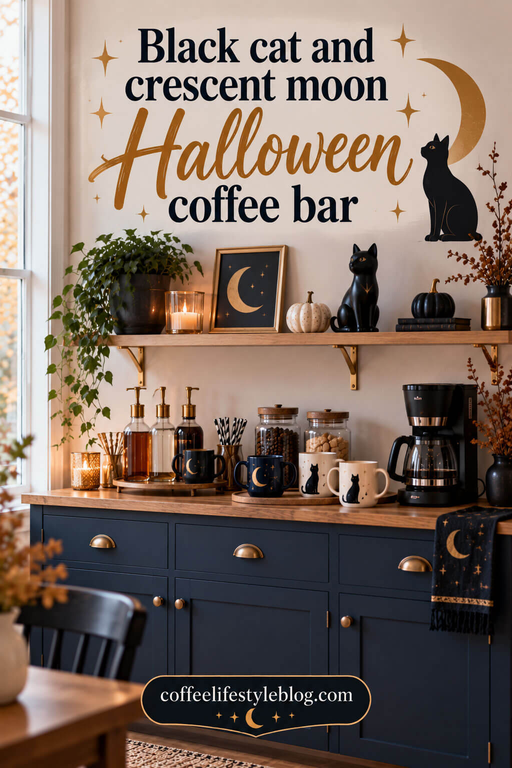 Black Cat and Crescent Moon Halloween Coffee Bar