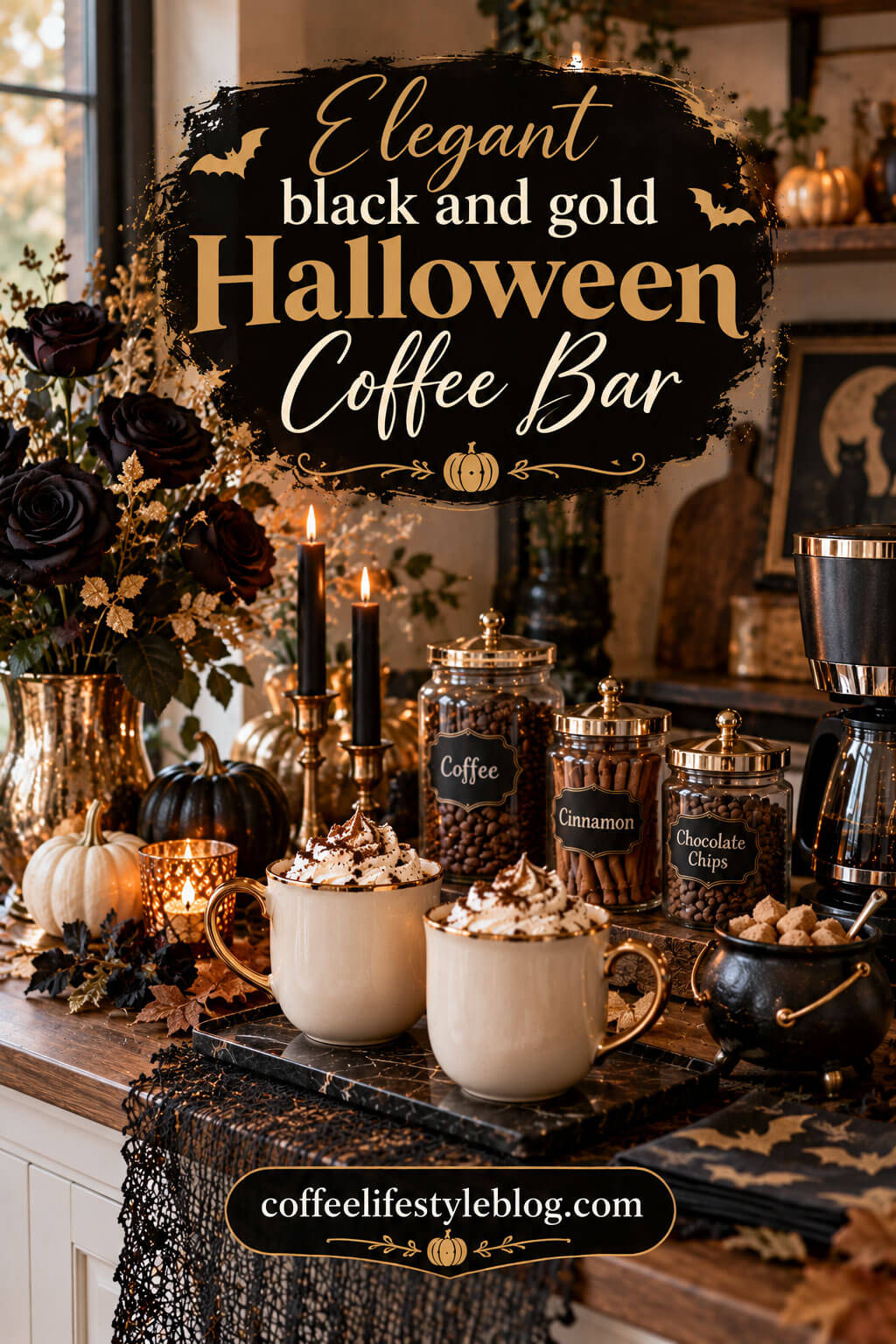Elegant Black and Gold Coffee Bar